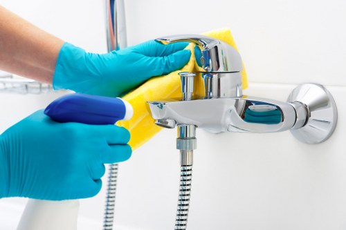 Eco-friendly office cleaning supplies used in a modern workplace