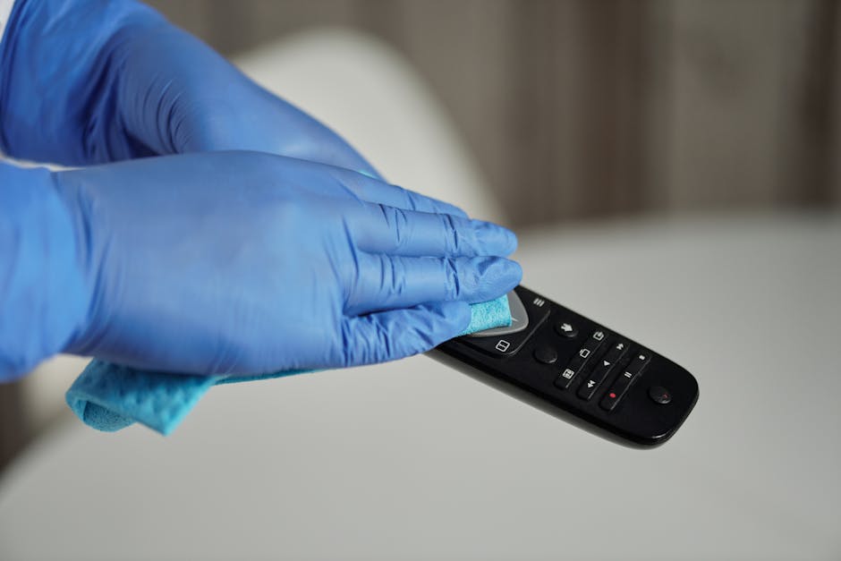 A person dressed in protective clothing, including gloves and a full-body suit, is using a vacuum cleaner with a long hose attachment to clean a smooth, polished wooden floor in an indoor setting. The